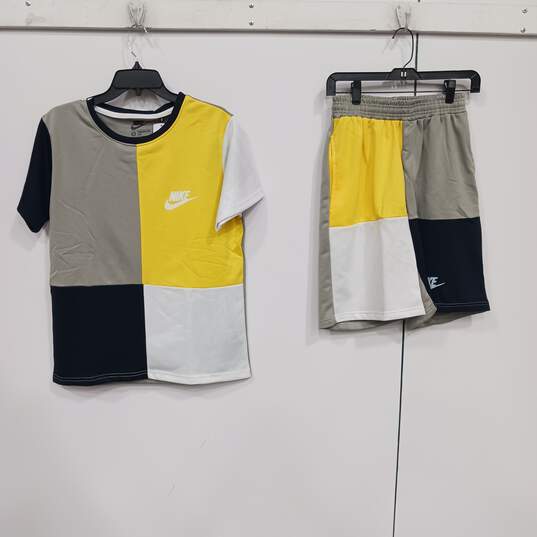 NIKE MATCHING YELLOW/GRAY/BLACK/WHITE SHORTS AND T-SHIRT PREMIUM FIT SIZE S NWT image number 1