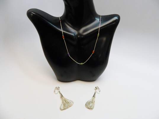 Artisan 925 Southwestern Garnet Peridot Amethyst & Agate Station Beaded Liquid Silver Necklace & Loop Drop Clip On Earrings 10g image number 1
