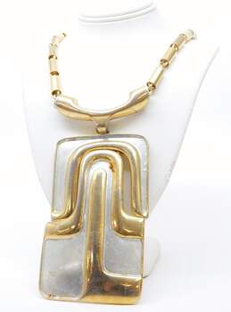 Vintage Pierre Cardin Goldtone & Silvertone Modernist Abstract Hinged Rectangle Statement Pendant Cylinder Chain Necklace 127.3g alternative image