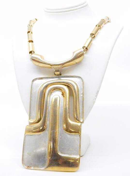 Vintage Pierre Cardin Goldtone & Silvertone Modernist Abstract Hinged Rectangle Statement Pendant Cylinder Chain Necklace 127.3g image number 2