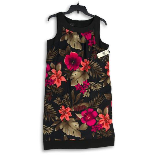 NWT Womens Black Floral Round Neck Sleeveless Back Zip Sheath Dress Size 14 image number 1