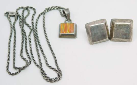 Taxco Mexico Montero & Artisan 925 & 950 Silver Orange Faux Opal Pendant Necklace & Modernist Square Post Earrings 14g image number 4