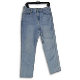 Womens Blue Medium Wash Pockets Stretch Denim Straight Leg Jeans Size 28