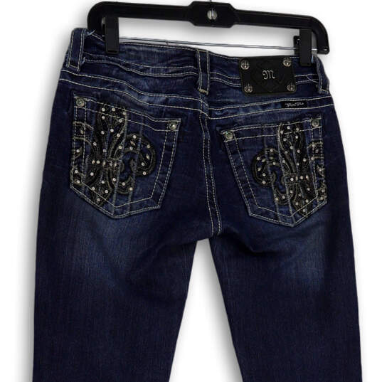 Womens Blue Denim Dark Wash Embroidered Pockets Stretch Skinny Jeans Sz 27 image number 4