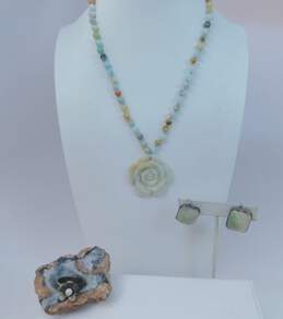 Artisan 925 Carved Flower Multi Stone Necklace Pearl Ring & Screw Back Earrings 54.1g