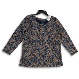 NWT Womens Blue Brown Paisley Long Sleeve Round Neck Blouse Top Size LP
