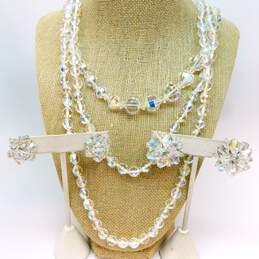 Vintage Aurora Borealis Silver Tone Necklaces & Clip On Earrings 148.7g