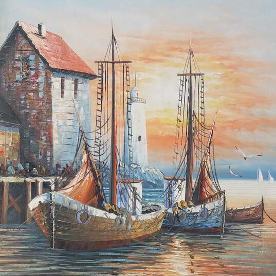 Max Savy- Oil on Canvas - Sunset Harbor Seascape Painting image number 4
