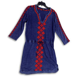 Womens Blue Split Neck 3/4 Sleeve Embroidered Pullover Shift Dress Size M
