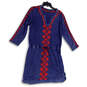 Womens Blue Split Neck 3/4 Sleeve Embroidered Pullover Shift Dress Size M image number 1