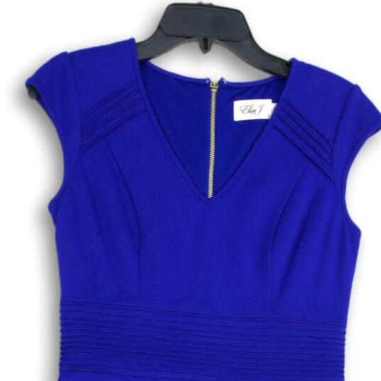 Eliza J Womens Blue V-Neck Cap Sleeve Back Zip Ponte Knit Fit & Flare Dress Sz 4 image number 3