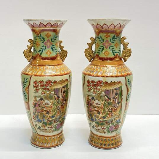 Oriental Porcelain 13.5 inch Tall Decorative Set of 2 Table Top Jars /Vases image number 1