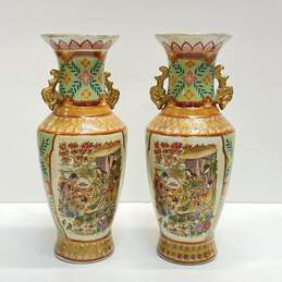 Oriental Porcelain 13.5 inch Tall Decorative Set of 2 Table Top Jars /Vases