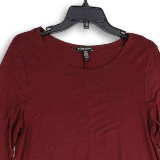 Womens Maroon 3/4 Sleeve Round Neck Asymmetrical Hem Tunic Blouse Top Size M image number 3