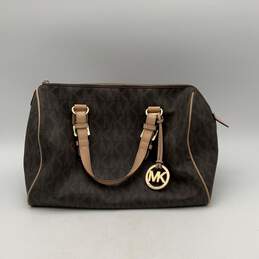 Michael Kors Womens Brown Beige Leather Monogram Bag Charm Bottom Stud Tote Bag