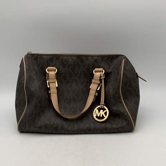Michael Kors Womens Brown Beige Leather Monogram Bag Charm Bottom Stud Tote Bag image number 1