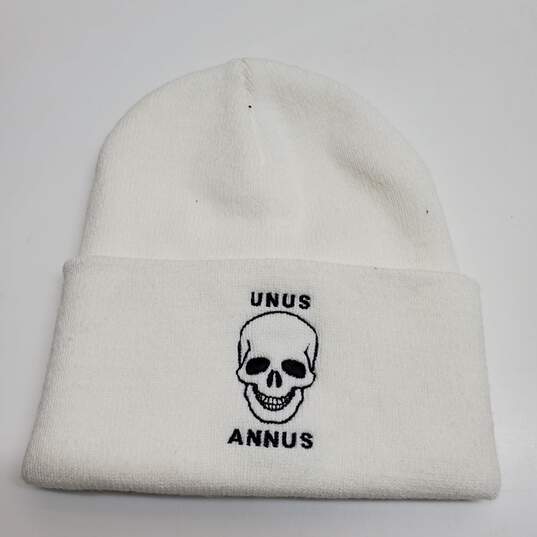 Discontinued Rare Unus Annus Sustainable White Skull Beanie Merchandise image number 1