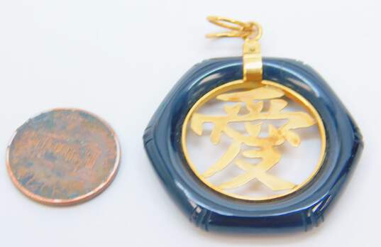 14K Gold Carved Onyx Chinese Character Cut Out Circle Pendant 8.8g image number 5