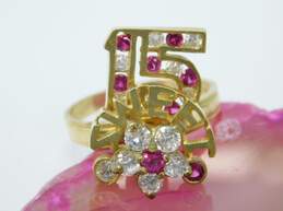 Vintage 14K Yellow Gold Ruby & CZ Sweet 15 Spinning Ring 5.1g