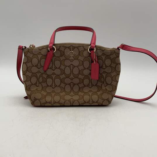 Womens Brown Pink Signature Print Bag Charm Crossbody Strap Satchel Handbag image number 1
