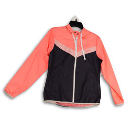 Womens Pink Gray Long Sleeve Hooded Full-Zip Windbreaker Jacket Size XS