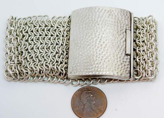 Signed Melamun 925 Wide Chainmail Hammered Texture Clasp Bracelet 105.5g image number 6
