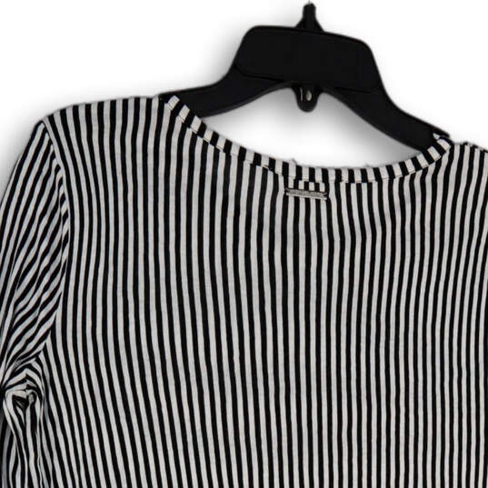 Womens Black White Striped Round Neck Long Sleeve Pullover Blouse Top Sz M image number 3