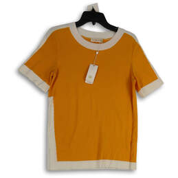 NWT Womens Orange White Short Sleeve Round Neck Blouse Top Size M