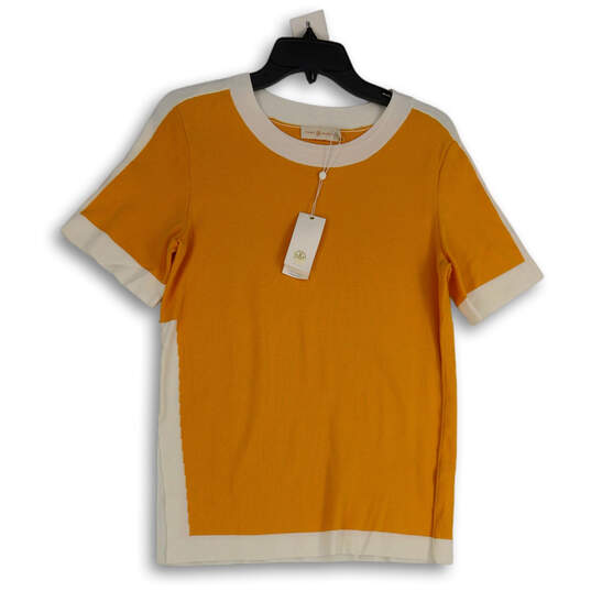 NWT Womens Orange White Short Sleeve Round Neck Blouse Top Size M image number 1