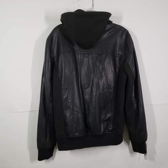 Mens Leather Pockets Long Sleeve Hooded Full-Zip Motorcycle Jacket Size Medium image number 2