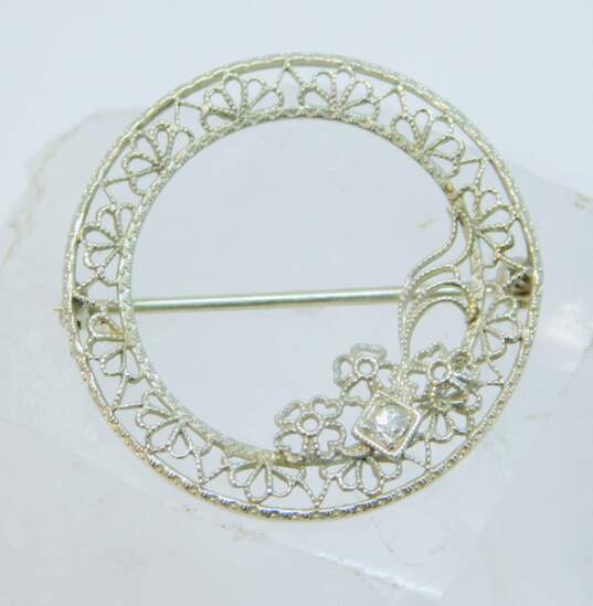 Antique 10K White Gold 0.03 CT Diamond Floral Filigree Circle Brooch 1.7g image number 1