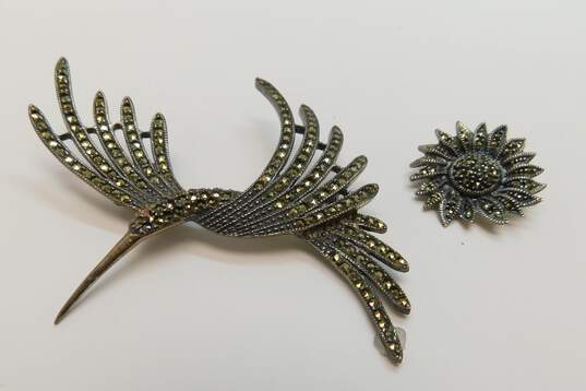 Romantic Judith Jack 925 Sterling Silver Marcasite Hummingbird & Flower Brooches 21.4g image number 1