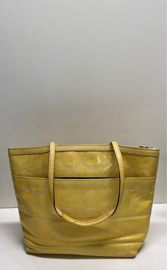 Coach Signature F19198 Outline Stitched Yellow Leather Tote Bag image number 2