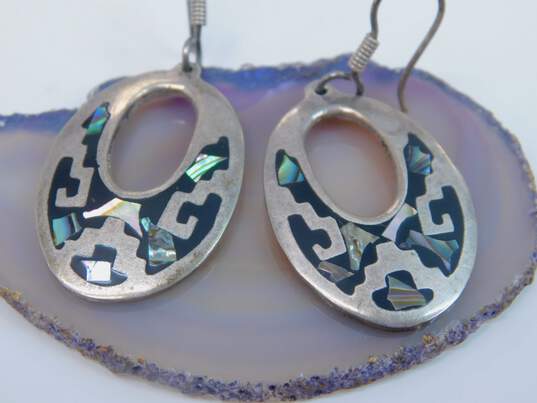Taxco Mexico 925 Abalone Shell Chips Black Enamel Inlay Open Oval Drop Earrings 12.5g image number 2