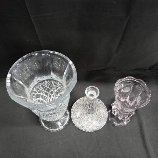 Bundle of 3 Large Crystal Dishes - Vase, Decanter, And Candy Jar With 2 Lids image number 2