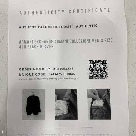 Armani Exchange Collezioni Mens Black Notch Lapel 3 Button Blazer Size 42R W/COA image number 10