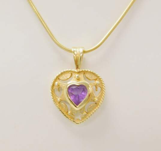 14K Yellow Gold Amethyst Heart Pendant Necklace 5.0g image number 2