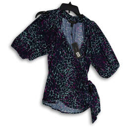 NWT Womens Blue Purple Animal Print Short Sleeve Tie Waist Blouse Top Sz S