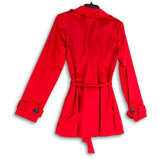 Womens Red Long Sleeve Ruffle Notch Lapel Belted Button Front Jacket Size M image number 2