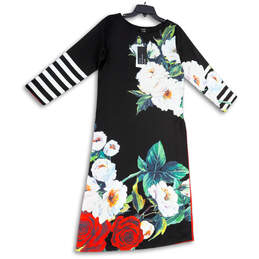 NWT Womens Black White Floral Long Sleeve Round Neck Sheath Dress Size S