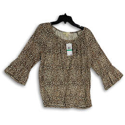 NWT Womens Brown Animal Print Bell Sleeve Pullover Blouse Top Size Large