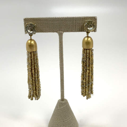 Designer J. Crew Gold-Tone Rhinestone Beaded Tassel Drop Earrings image number 3