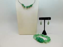 Artisan 925 Aventurine Beaded Cord Necklace Matching Granulated Drop Earrings & Dyed Quartz Carved Frog & Balls Stretch Bracelet 73g