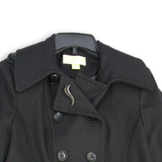 Womens Black Pockets Long Sleeve Notch Lapel Double Breasted Pea Coat Sz M image number 3