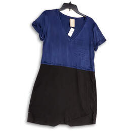 NWT Womens Blue Black Regular Fit Short Sleeve Pullover Mini Dress Size M