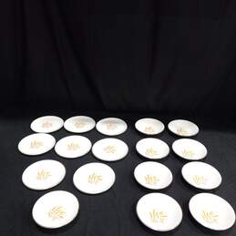 Bundle of 9 Homer Laughlin Golden Wheat White Ceramic Plates with Gold Tone Trim w/8 Matching Saucers