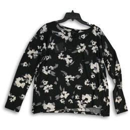 NWT Womens Black White Floral Long Sleeve Crew Neck Pullover Blouse Top Sz M