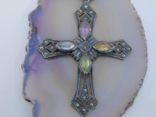 Judith Jack & 925 Topaz Amethyst Citrine & Peridot Cross & Marcasite Heart Pendants Necklace Circles Earrings & Hematite & Band Rings 33.7g image number 9