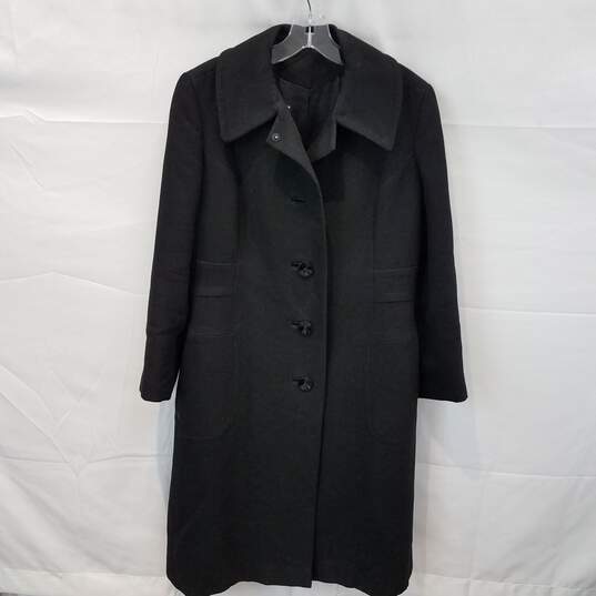 Anglo Fabrics Pure Virgin Wool Long Sleeve Black Collared Coat Jacket Women's Size 41inx20in image number 1