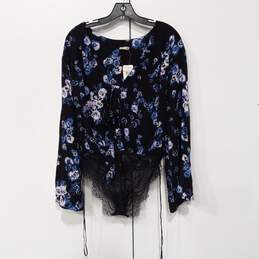 Free People Women's Black/Blue Floral Blouse Bodysuit Size S NWT